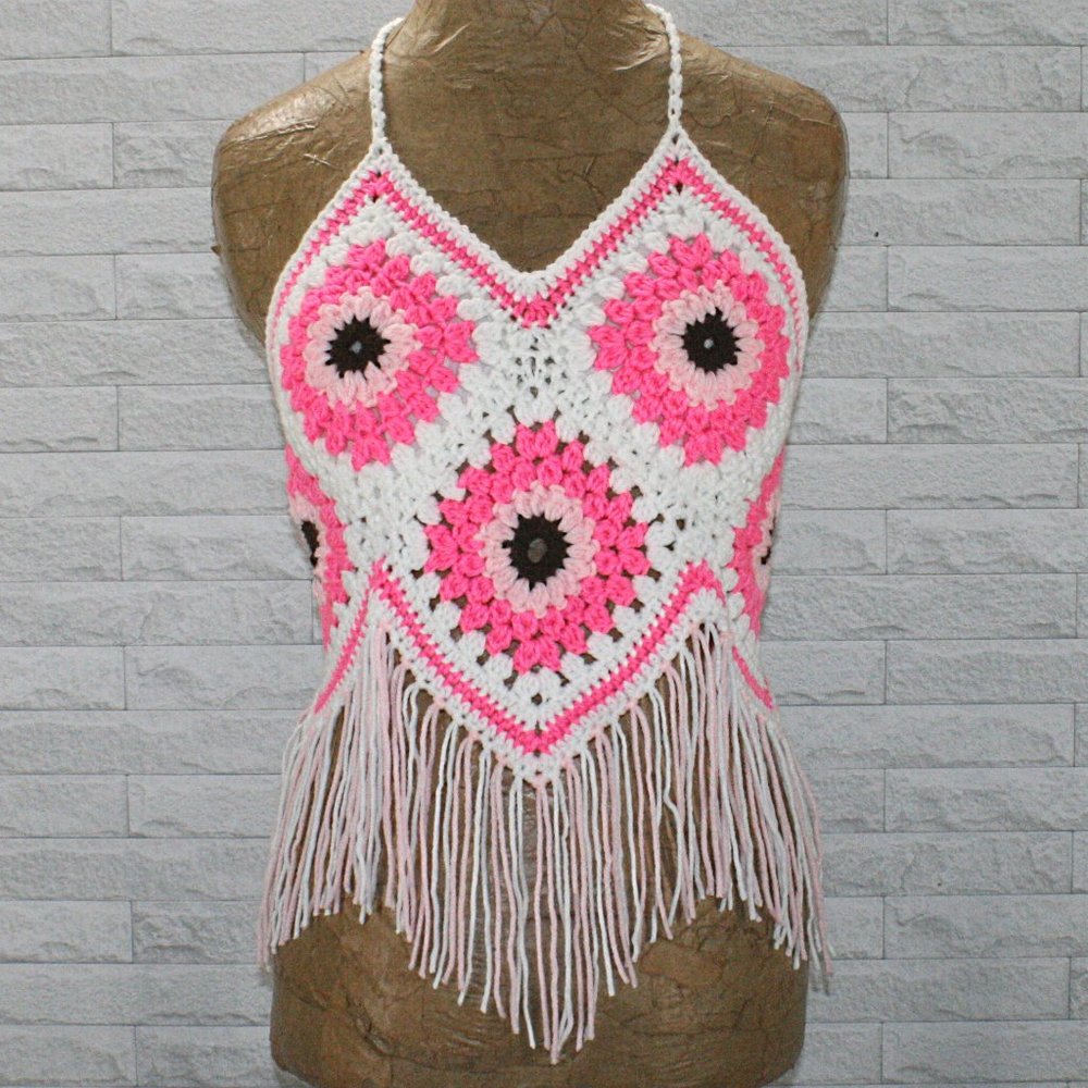 HAND CRAFTED Crop Top Sunflower Crochet Fringe Granny Square Pink Various